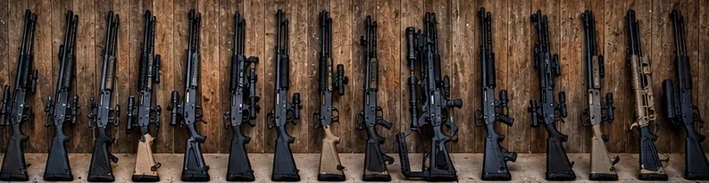 Illustrated lineup of sporting long arms arranged against a wood backdrop
