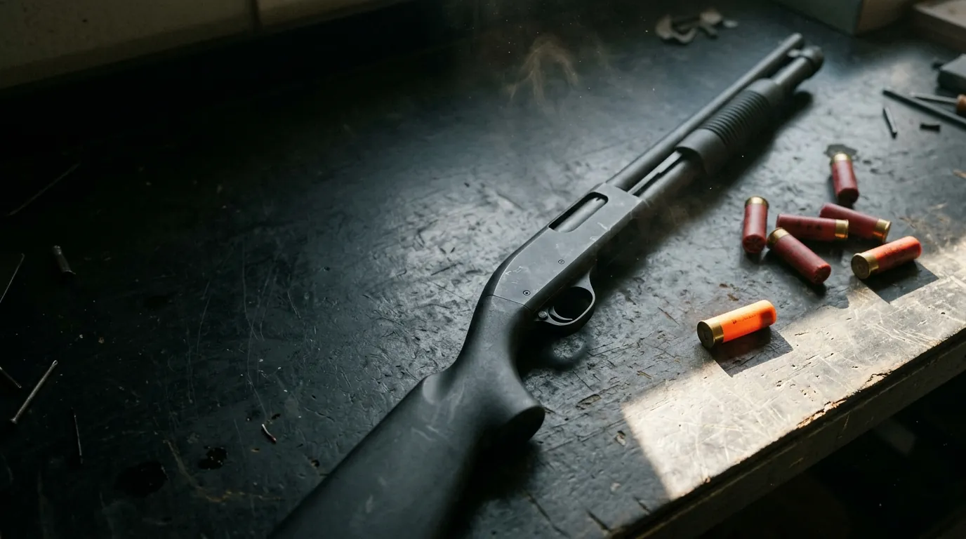 A matte black pump-action shotgun on a dark workbench beside scattered red shotgun shells